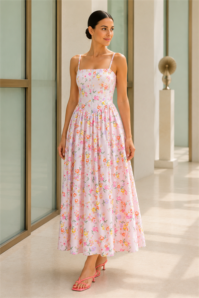 Pembe Bloom Çiçek Desenli Korsajlı Askılı Maksi Elbise