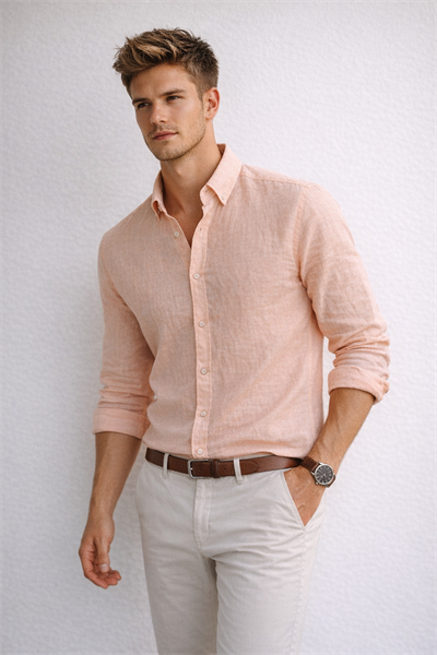 Regular Fit Keten Görünümlü Somon Yazlık Erkek Gömlek
