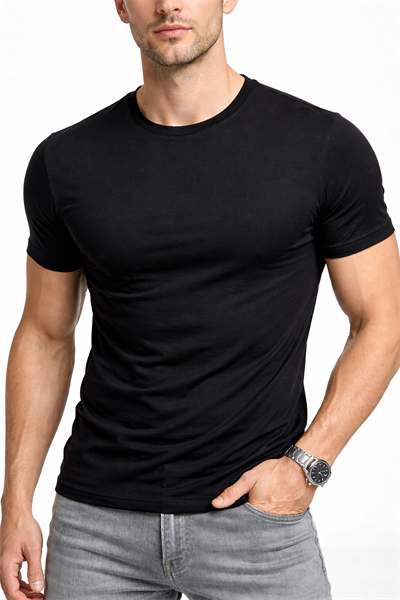 Siyah Slim Fit Basic Erkek Tişört – Dar Kesim Pamuklu Günlük