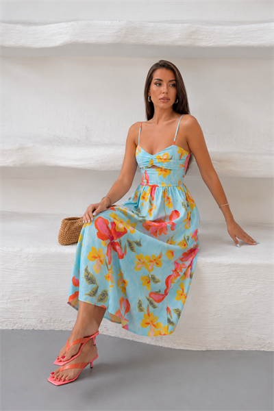 Turkuaz Çiçek Desenli Cut-Out Detaylı Askılı Maxi Elbise