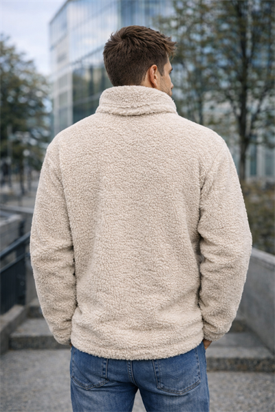 Unisex İçi Polarlı Peluş Fermuarlı Dik Yaka Göğüs Cepli Bej Ceket