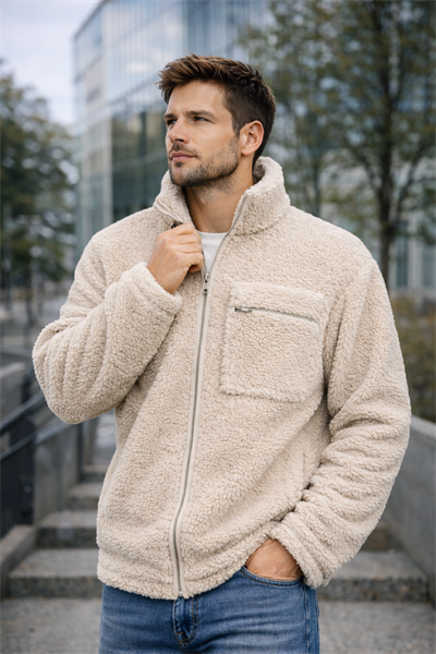 Unisex İçi Polarlı Peluş Fermuarlı Dik Yaka Göğüs Cepli Bej Ceket