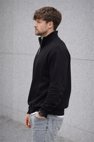 Unisex Yarım Fermuarlı Dik Yaka Regular Fit Basic Siyah Sweatshirt