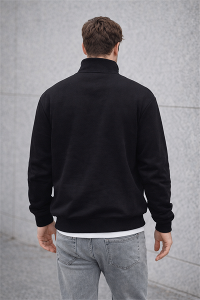 Unisex Yarım Fermuarlı Dik Yaka Regular Fit Basic Siyah Sweatshirt