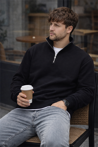 Unisex Yarım Fermuarlı Dik Yaka Regular Fit Basic Siyah Sweatshirt