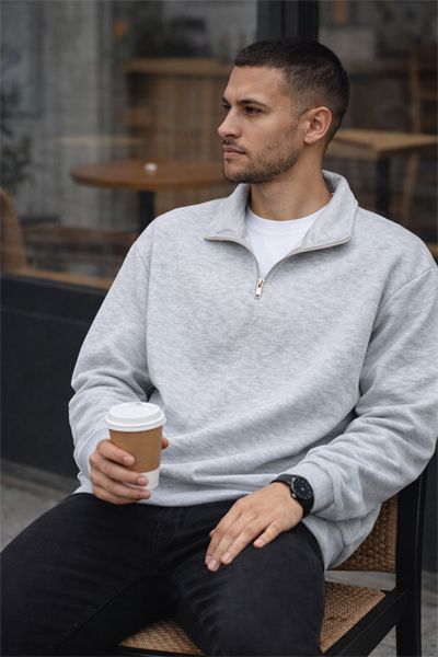 Unisex Yarım Fermuarlı Dik Yaka Regular Fit Basic Gri Sweatshirt