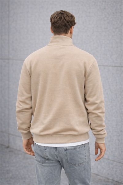 Unisex Yarım Fermuarlı Dik Yaka Regular Fit Basic Bej Sweatshirt