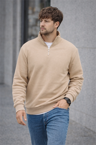 Unisex Yarım Fermuarlı Dik Yaka Regular Fit Basic Bej Sweatshirt