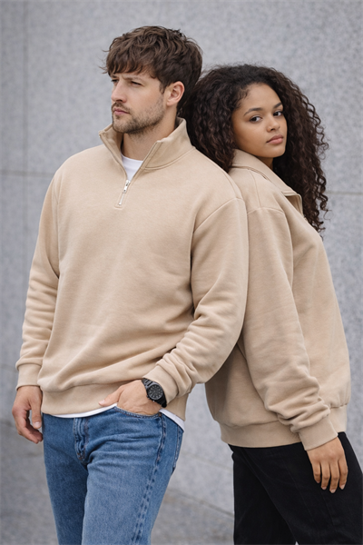 Unisex Yarım Fermuarlı Dik Yaka Regular Fit Basic Bej Sweatshirt