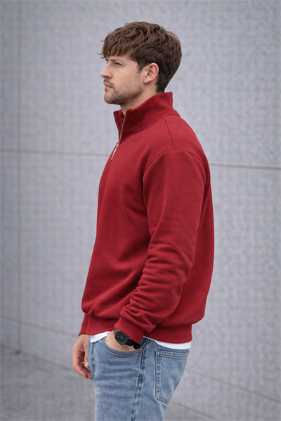 Unisex Yarım Fermuarlı Dik Yaka Regular Fit Basic Kırmızı Sweatshirt