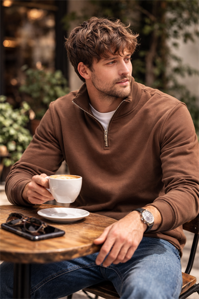 Unisex Yarım Fermuarlı Dik Yaka Regular Fit Basic Kahve Sweatshirt