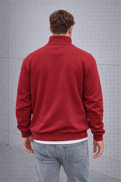 Unisex Yarım Fermuarlı Dik Yaka Regular Fit Basic Kırmızı Sweatshirt