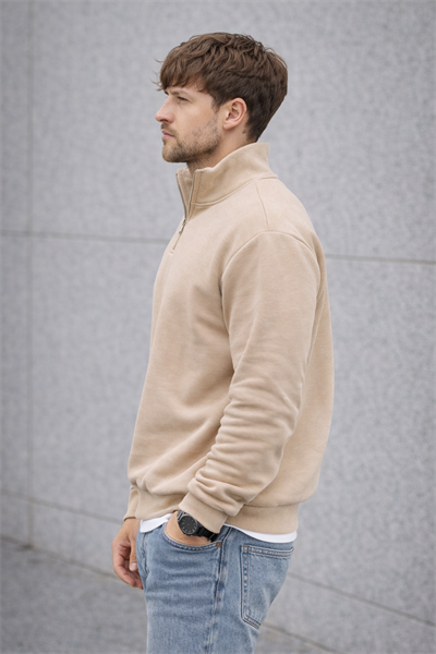 Unisex Yarım Fermuarlı Dik Yaka Regular Fit Basic Bej Sweatshirt