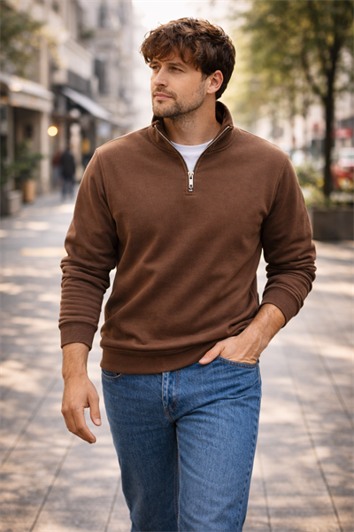 Unisex Yarım Fermuarlı Dik Yaka Regular Fit Basic Kahve Sweatshirt