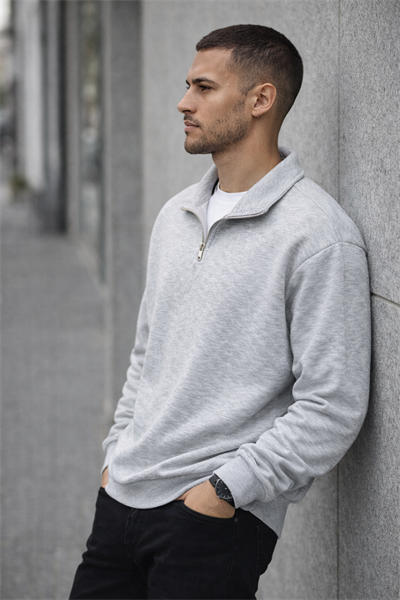 Unisex Yarım Fermuarlı Dik Yaka Regular Fit Basic Gri Sweatshirt