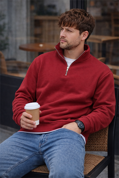 Unisex Yarım Fermuarlı Dik Yaka Regular Fit Basic Kırmızı Sweatshirt