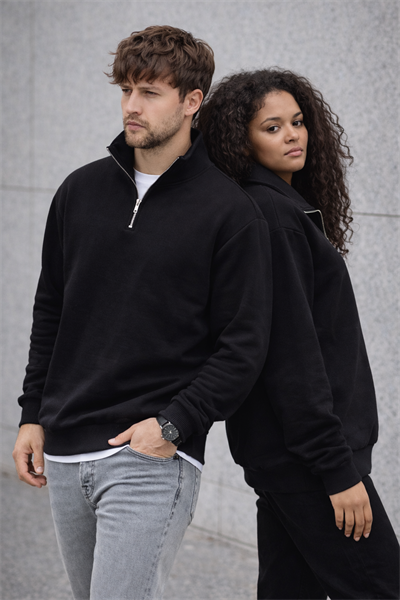 Unisex Yarım Fermuarlı Dik Yaka Regular Fit Basic Siyah Sweatshirt