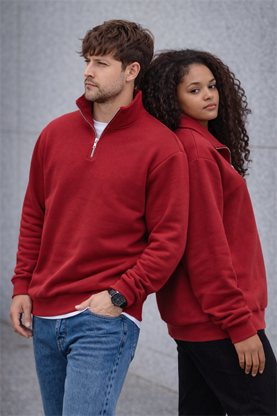 Unisex Yarım Fermuarlı Dik Yaka Regular Fit Basic Kırmızı Sweatshirt