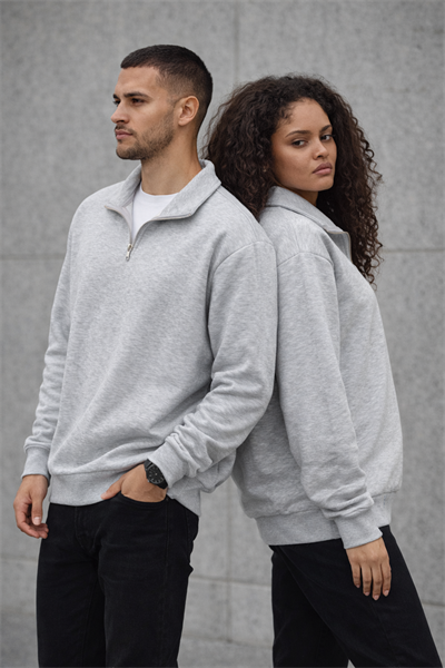 Unisex Yarım Fermuarlı Dik Yaka Regular Fit Basic Gri Sweatshirt