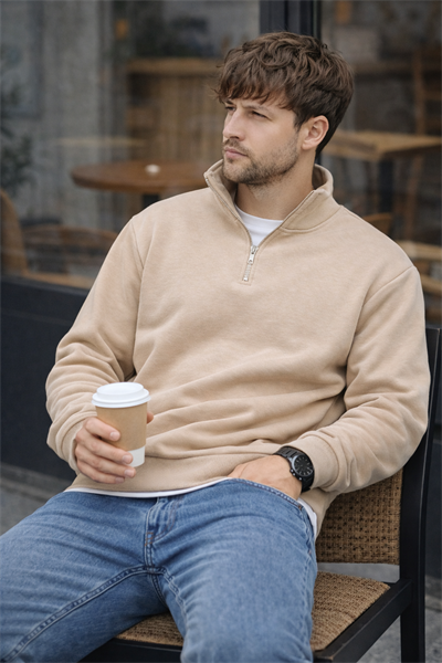 Unisex Yarım Fermuarlı Dik Yaka Regular Fit Basic Bej Sweatshirt
