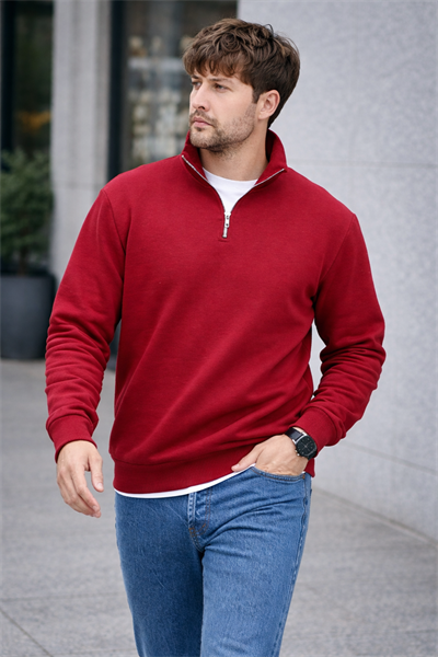 Unisex Yarım Fermuarlı Dik Yaka Regular Fit Basic Kırmızı Sweatshirt