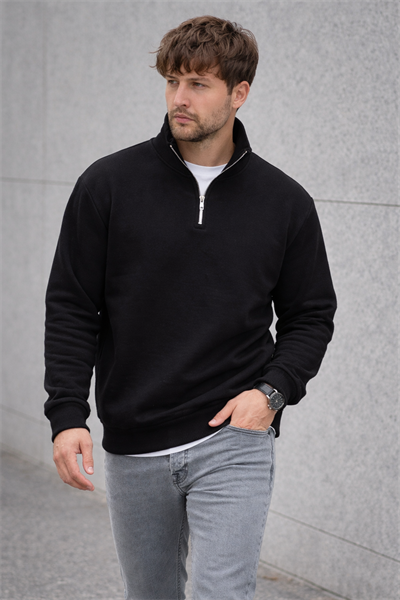 Unisex Yarım Fermuarlı Dik Yaka Regular Fit Basic Siyah Sweatshirt