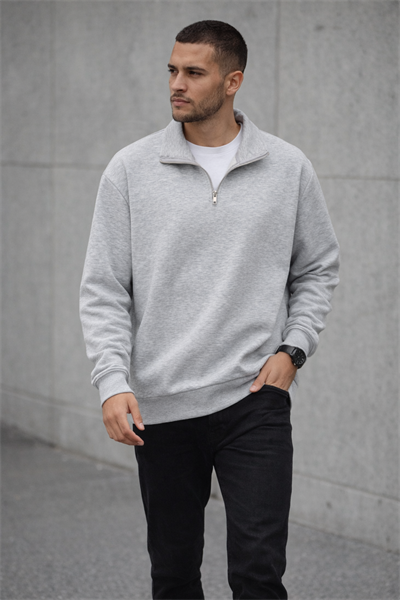 Unisex Yarım Fermuarlı Dik Yaka Regular Fit Basic Gri Sweatshirt