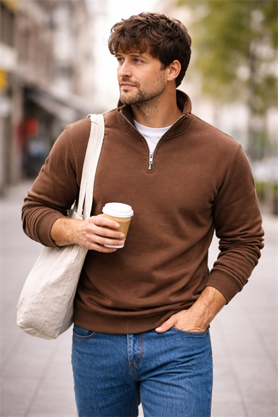 Unisex Yarım Fermuarlı Dik Yaka Regular Fit Basic Kahve Sweatshirt