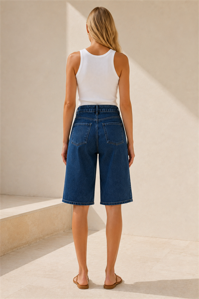 Vintage İndigo Yüksek Bel Geniş Paça Denim Bermuda Şort