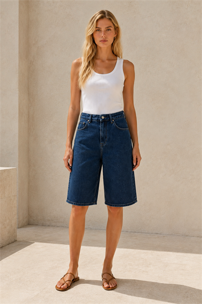 Vintage İndigo Yüksek Bel Geniş Paça Denim Bermuda Şort