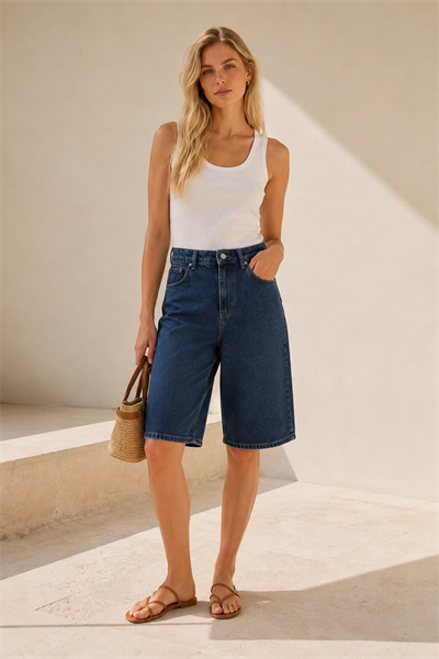 Vintage İndigo Yüksek Bel Geniş Paça Denim Bermuda Şort