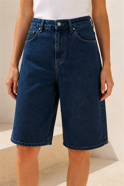 Vintage İndigo Yüksek Bel Geniş Paça Denim Bermuda Şort