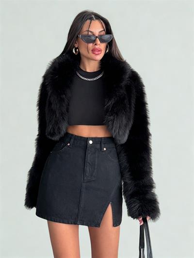 Yırtmaç Detaylı Siyah Kot Mini Etek