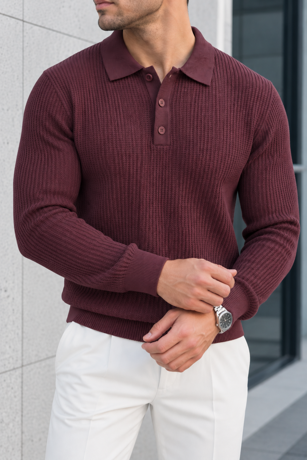 Dokulu Örgü Polo Yaka Erkek Triko Kazak - Bordo Bordo