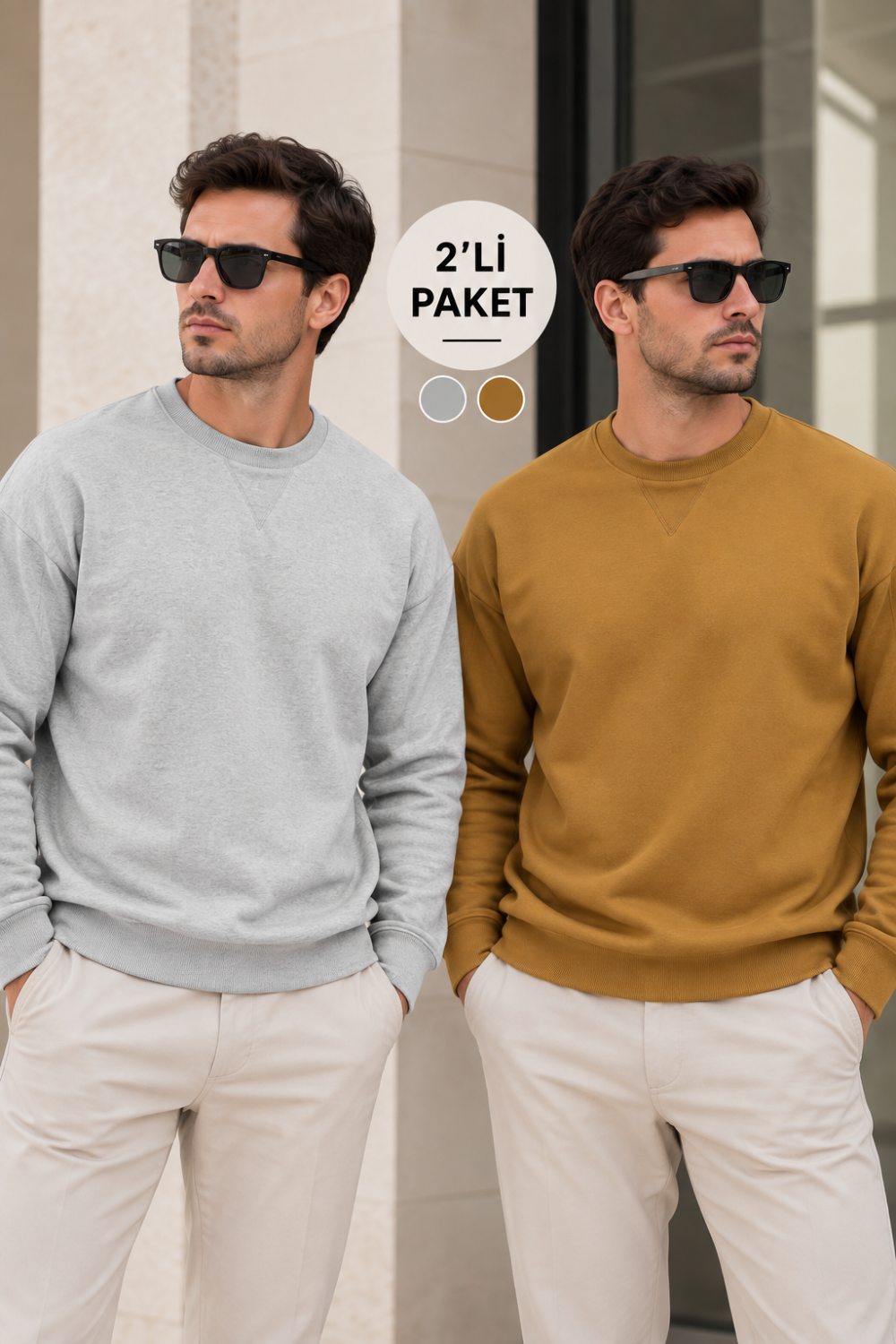 Erkek 2’li Paket Bisiklet Yaka Basic Günlük Sweatshirt - Gri Melanj & Kahve Gri