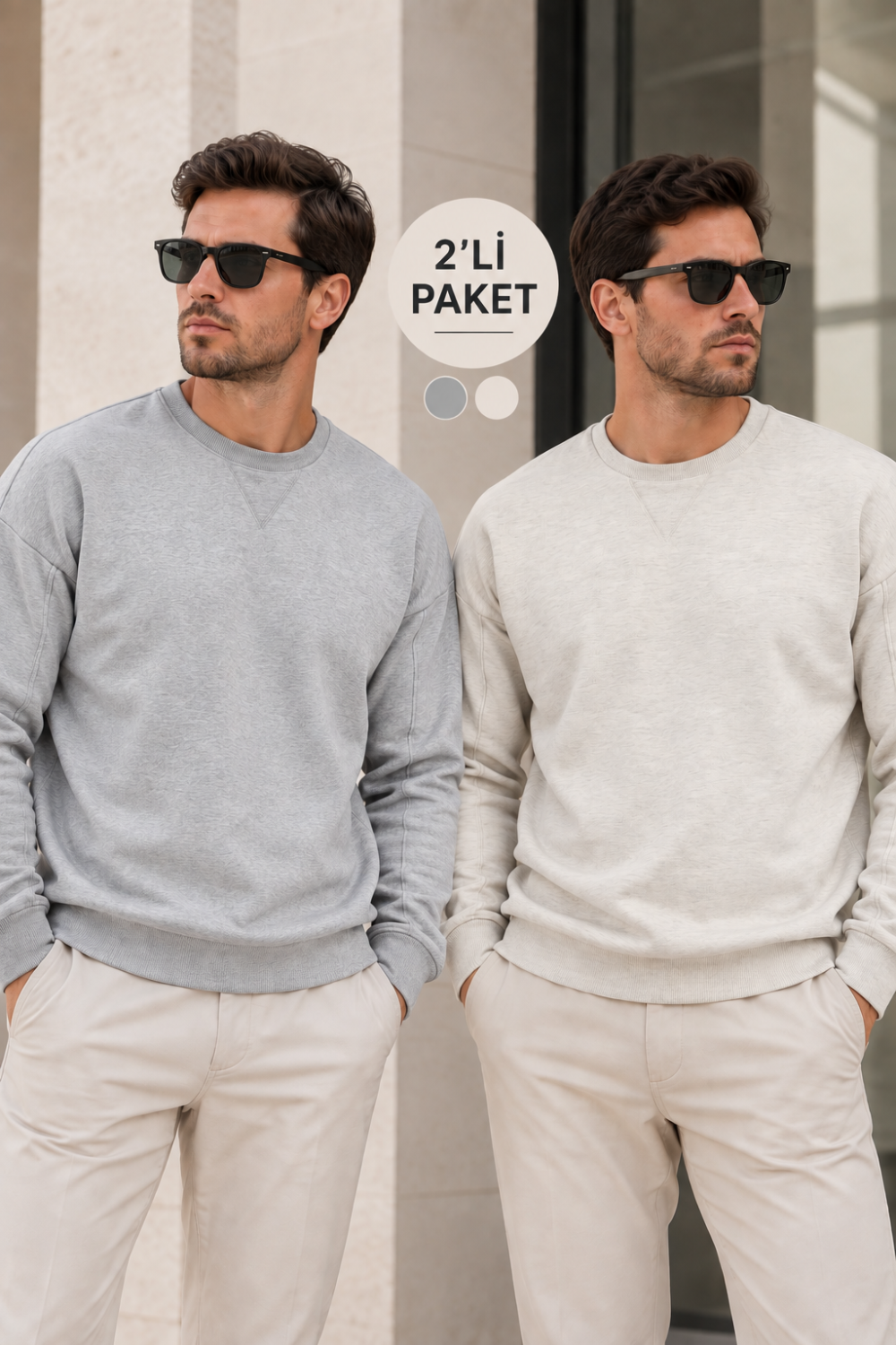 Erkek 2’li Paket Bisiklet Yaka Basic Günlük Sweatshirt Gri & Kar Melanj Gri Melanj