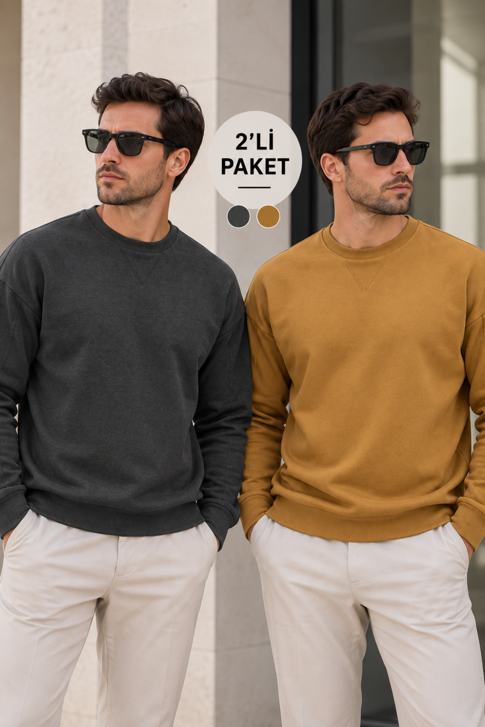 Erkek 2’li Paket Bisiklet Yaka Basic Günlük Sweatshirt - Antrasit & Kahve Antrasit