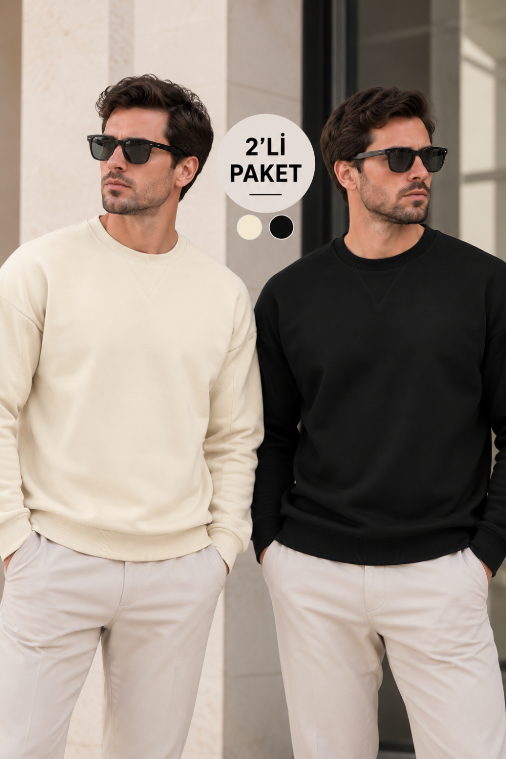 Erkek 2’li Paket Bisiklet Yaka Basic Günlük Sweatshirt - Ekru & Siyah Ekru