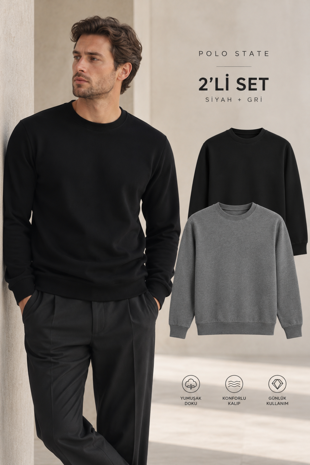 Erkek 2’li Set Bisiklet Yaka Basic Sweatshirt Siyah & Antrasit Siyah