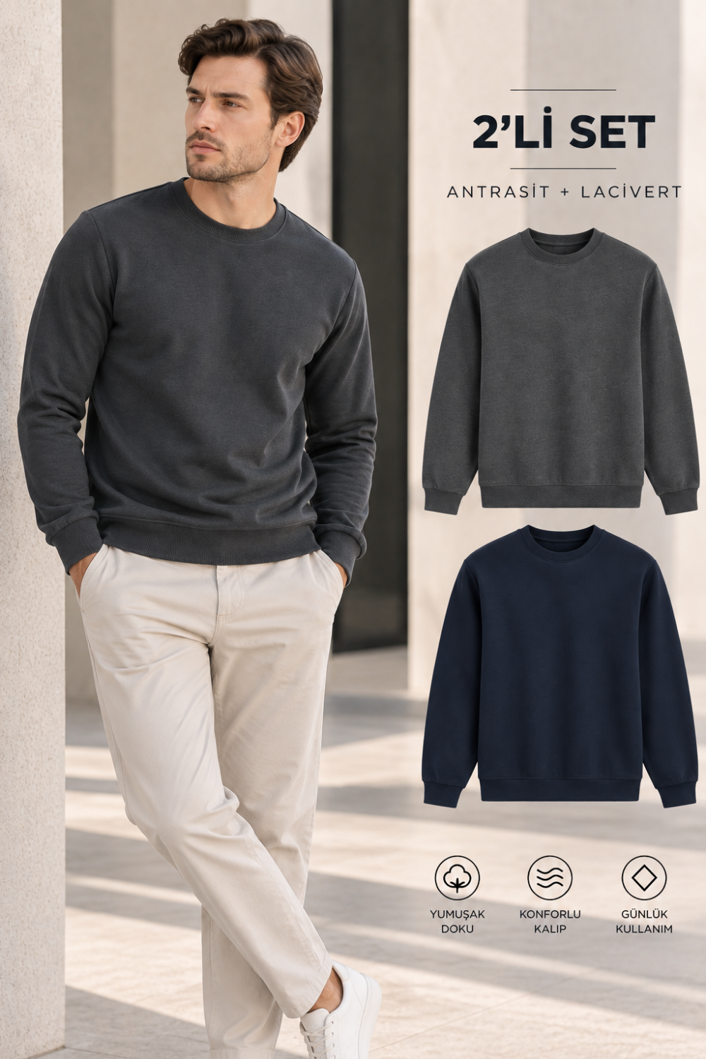 Erkek 2’li Set Bisiklet Yaka Basic Sweatshirt Antrasit & Lacivert Antrasit