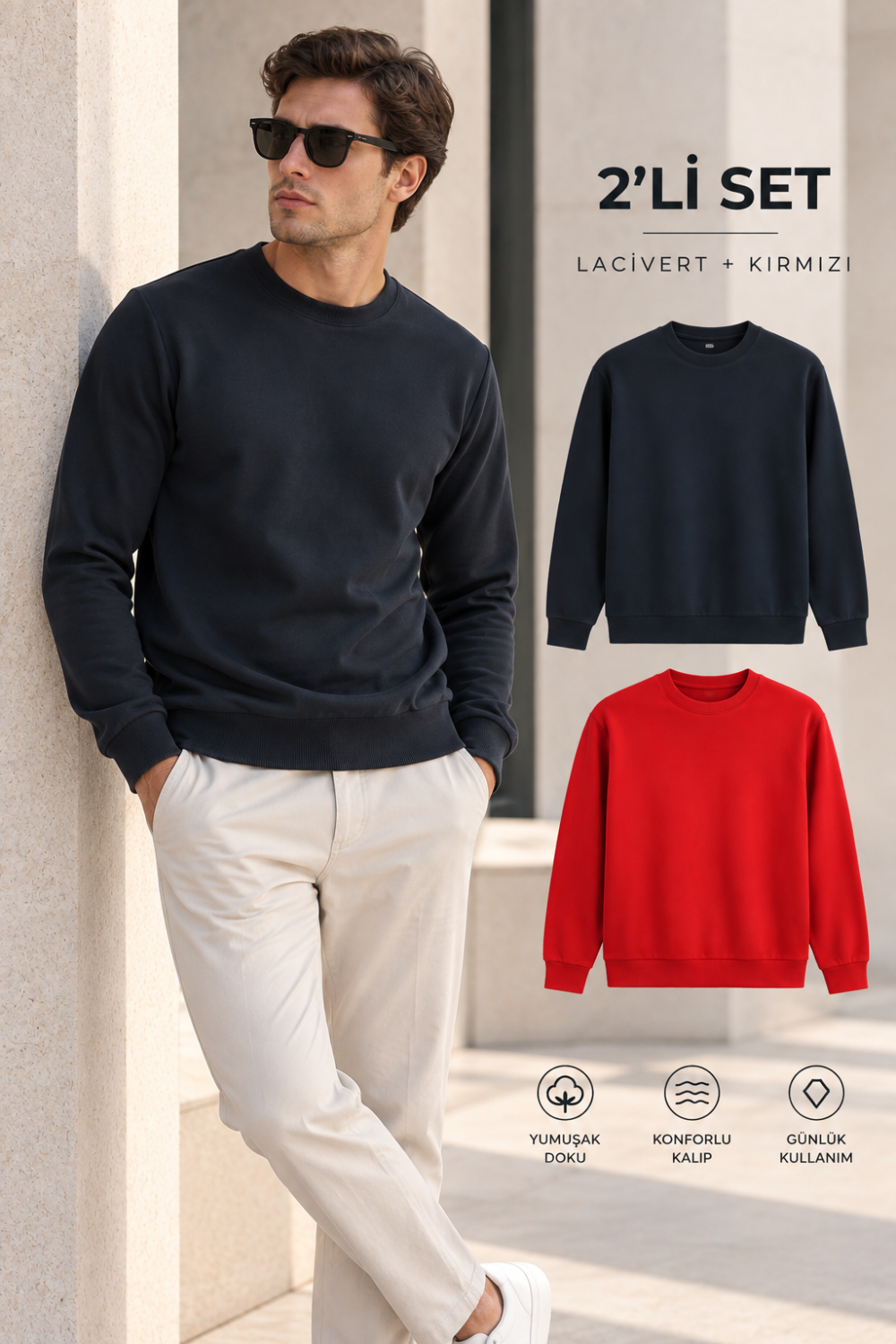 Erkek 2’li Set Bisiklet Yaka Basic Sweatshirt Kırmızı & Lacivert Kırmızı