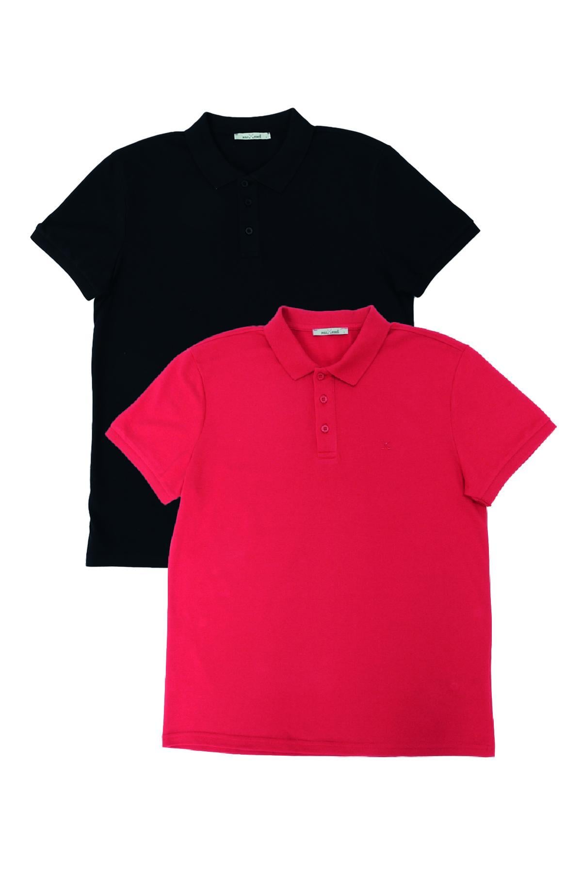 Erkek 2li Polo Yaka T-shirt Siyah-Kırmızı