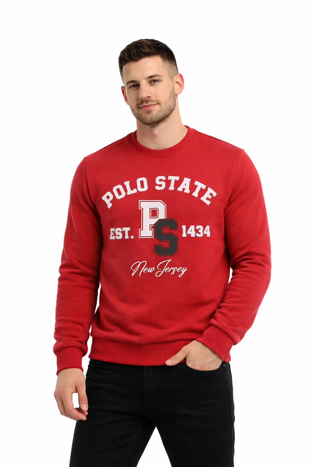 Erkek 3 İplik Şardonsuz Pamuklu Regular Fit Baskılı Bisiklet Yaka Kırmızı Sweatshirt