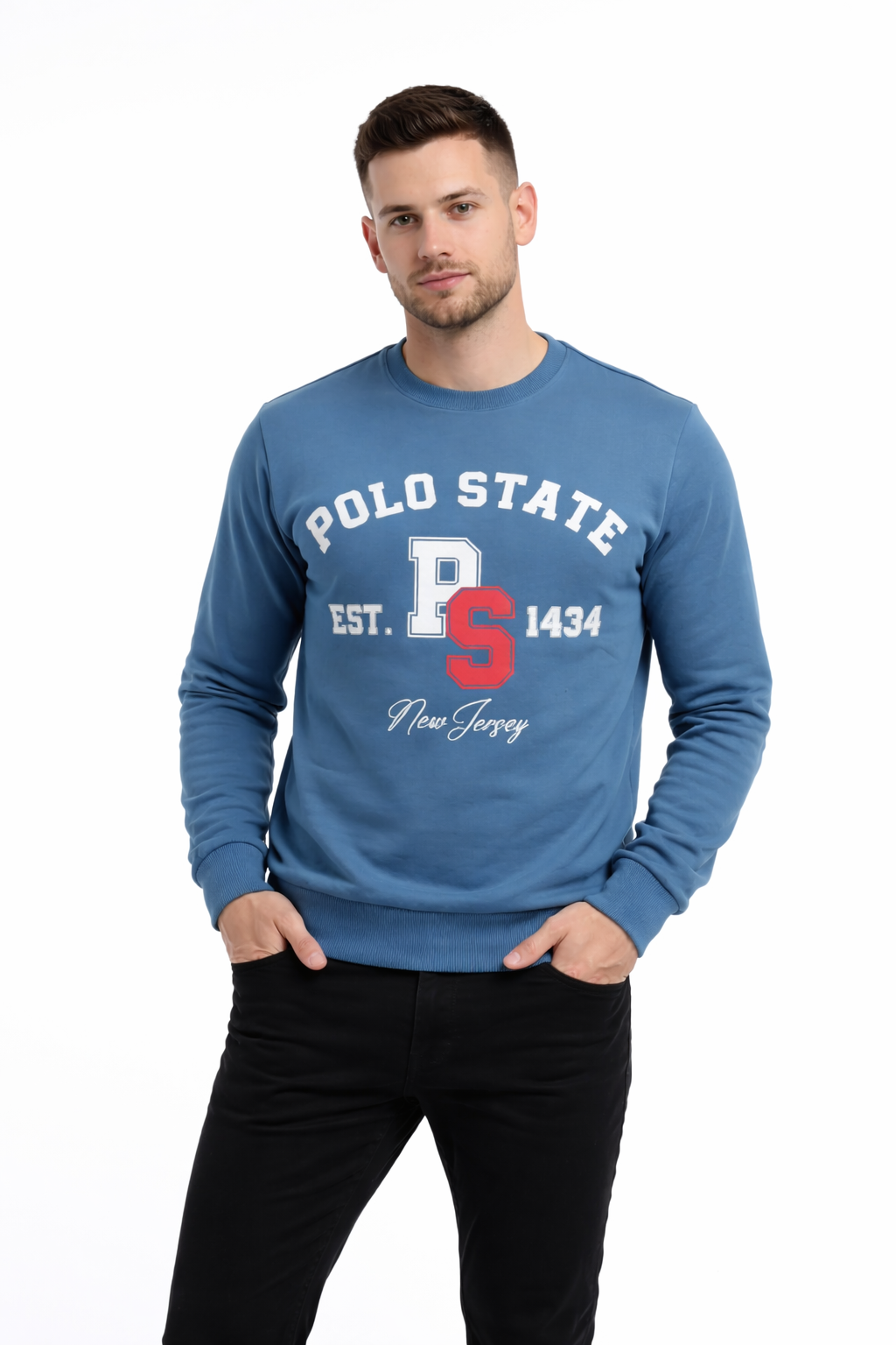 Erkek 3 İplik Şardonsuz Pamuklu Regular Fit Baskılı Bisiklet Yaka Mavi Sweatshirt