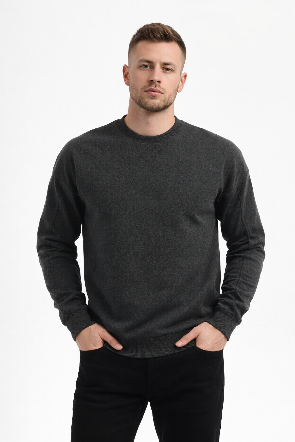 Erkek Antrasit 3 İplik Şardonlu Kalın Basic Bisiklet Yaka Oversize Sweatshirt