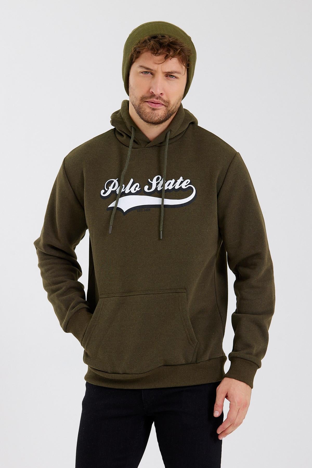 Erkek Baskılı Kapüşonlu 3 İplik Sweatshirt Haki