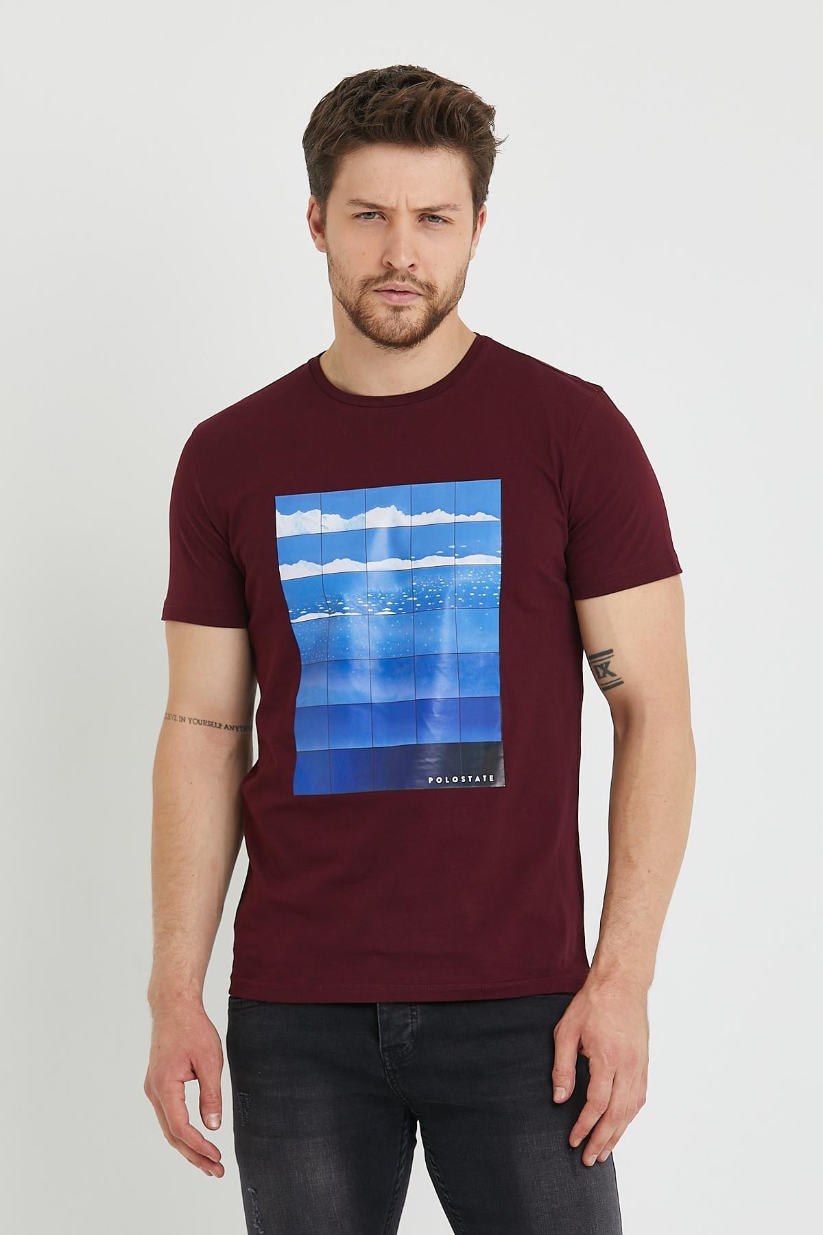 Erkek Baskılı T-shirt Bordo
