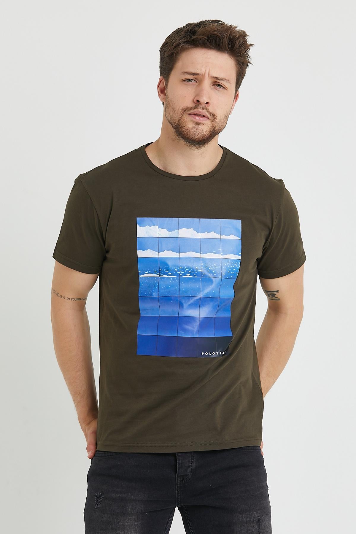 Erkek Baskılı T-shirt Haki