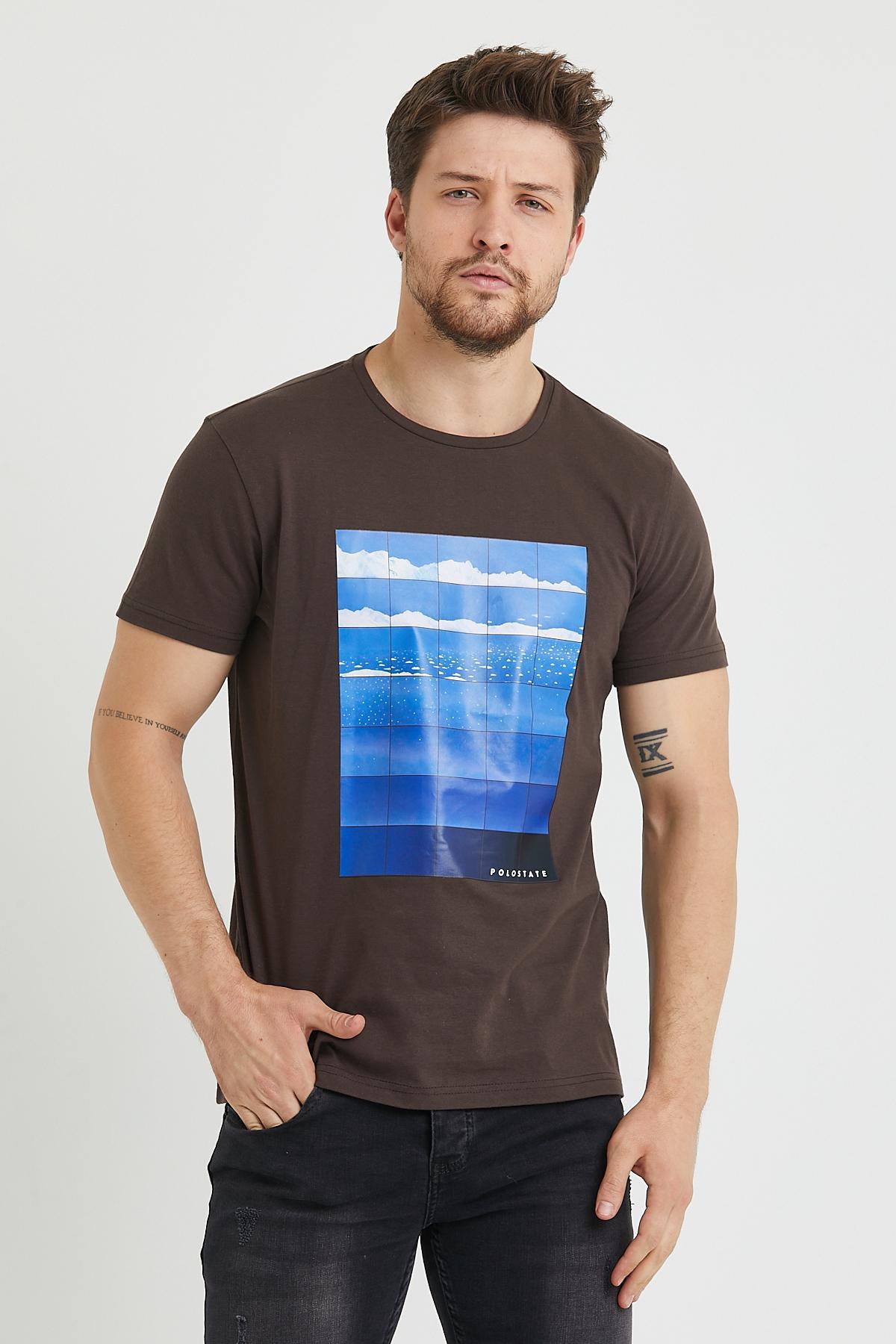 Erkek Baskılı T-shirt Koyu Kahve