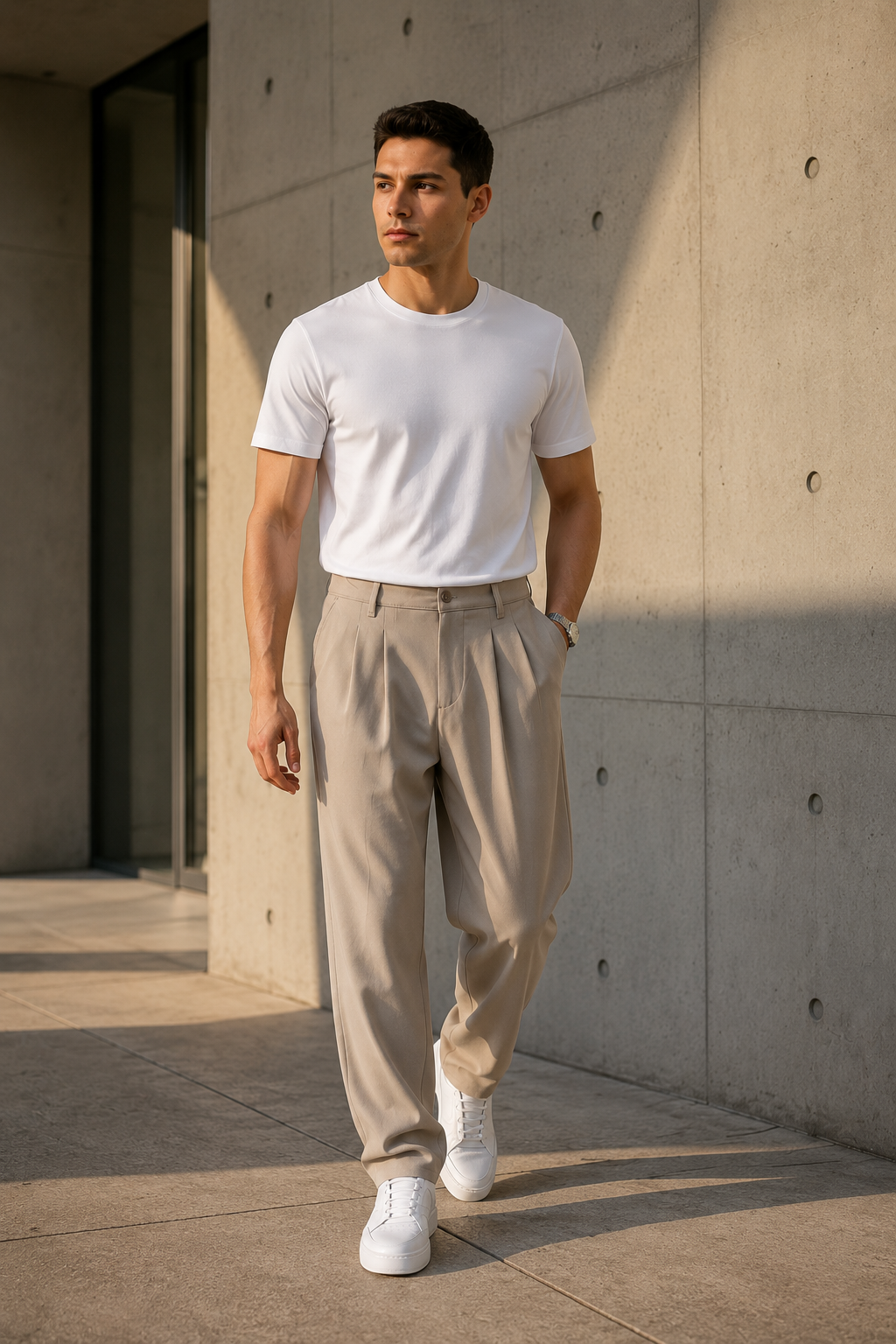 Erkek Bej Baggy Fit Pileli Kumaş Pantolon